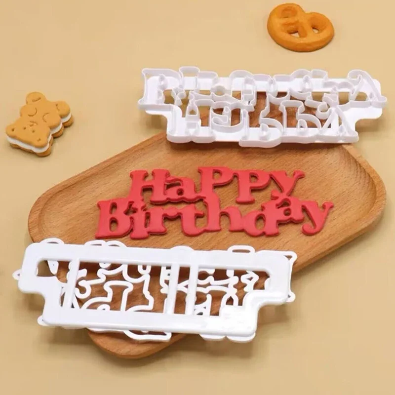 Všetko najlepšie k narodeninám abeceda plastového piestového piestového cookie výroby nástrojov Press zdobiť tortu fondant pečenie dodávky Cutter Cutter Cutter
