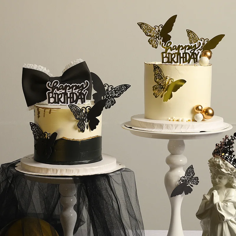 Všetko najlepšie k narodeninám torta Topper Black Bow Butterfly Arniversare Mariage Decor Decord Flag Party Supplies Cupcake Toppers bábätko