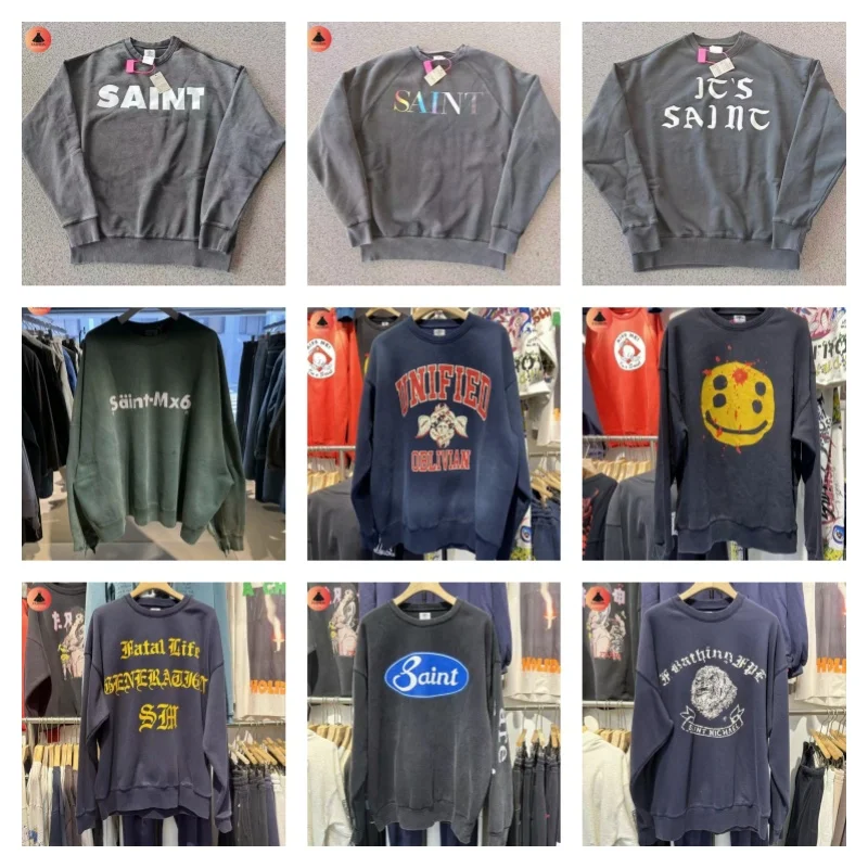 Všetky kolekcie Saint Crew krk potlačenej prasknutej mikiny 1: 1 Zimná hip hop High Street Loose Pullover Tops