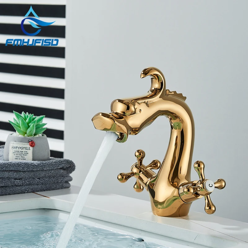 Všetky mosadzné zlaté draka kúpeľňa povodie Faucet Duálna rukoväť horúca studená voda Mixer Tap Faucet Deck Mount Tapware Washbasin Crane
