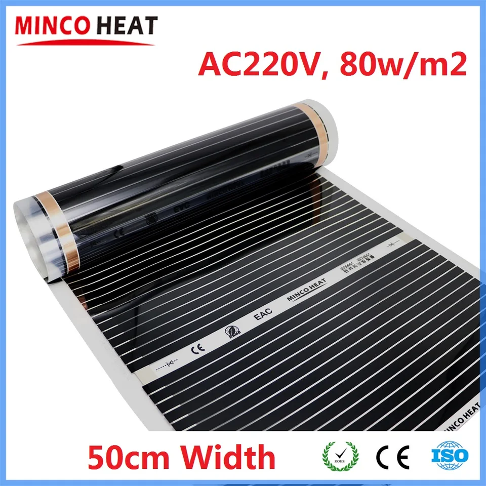 Všetky veľkosti 80W/m2 Infračervené AC220V Warm Mat 50 cm šírka podlahy Vykurovanie filmu Energia Usporiadanie energie