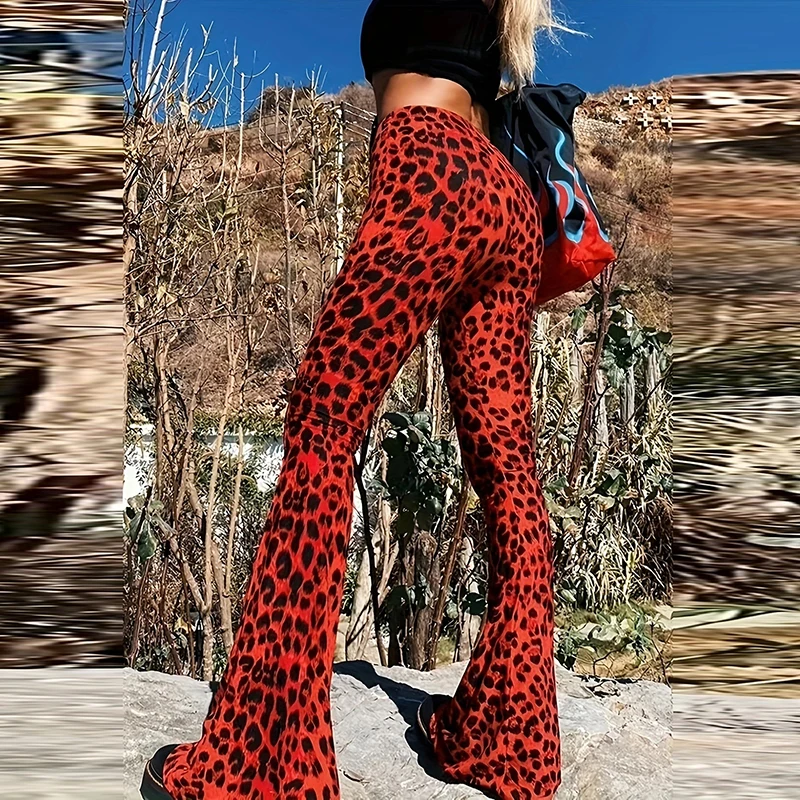 Všetky zápasové zimné leopardové tlače Replanting Flare Pant Fashion High Street dlhé nohavice Ženy Príležitostné elastické pásy voľné nohavice