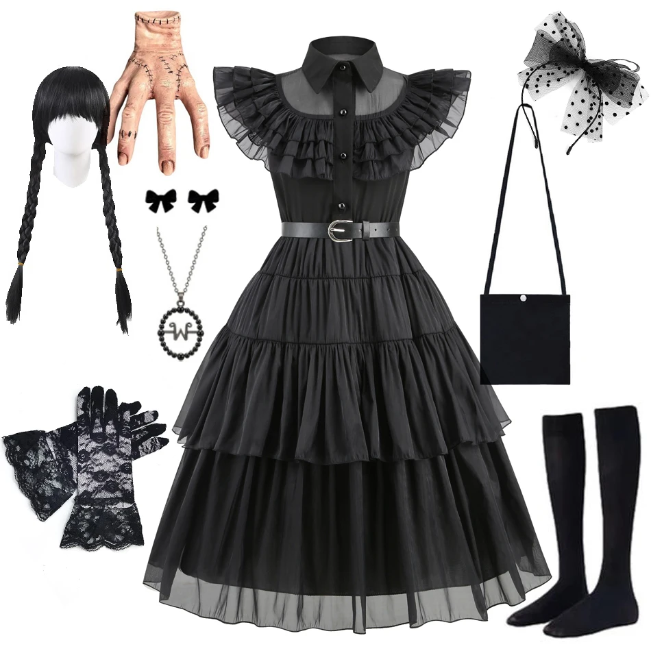 W-Wednesday Addams kostýmy Dievčatá narodeniny princezná kostým čierne ozdobné deti Halloween karneval tanečný oblek pre dievčatá