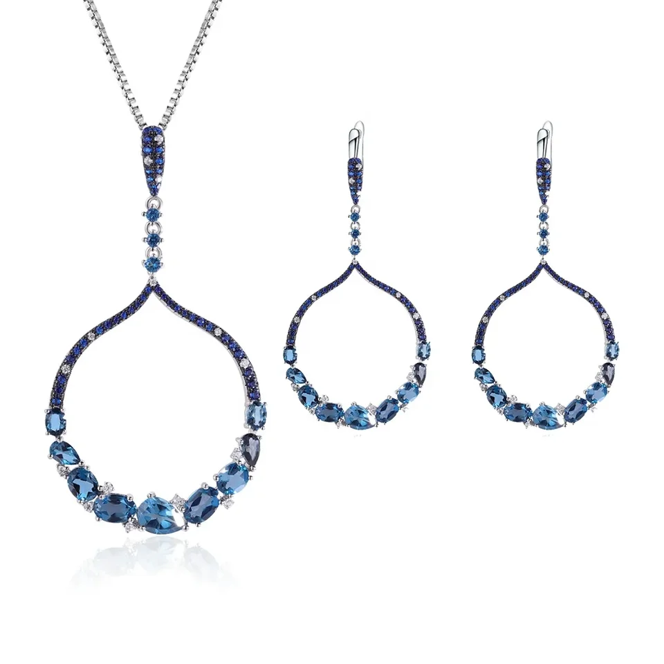 W0490 Dodržiavanie OEM Odm Luxusný dizajn Prírodný Londýn Blue Topaz Low MOQ 925 Sterling Silver Jewn Set pre dievčatá