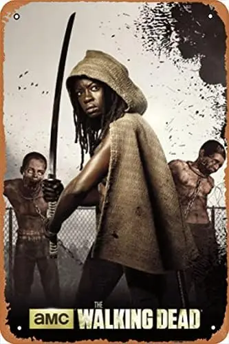 Walking Dead - Michonne Tin Painting Tin Sign Cover Kov kovové znamenie Vintage kovový plagát Domáca stena dekorácia, viacfarebný, 8in x 12in