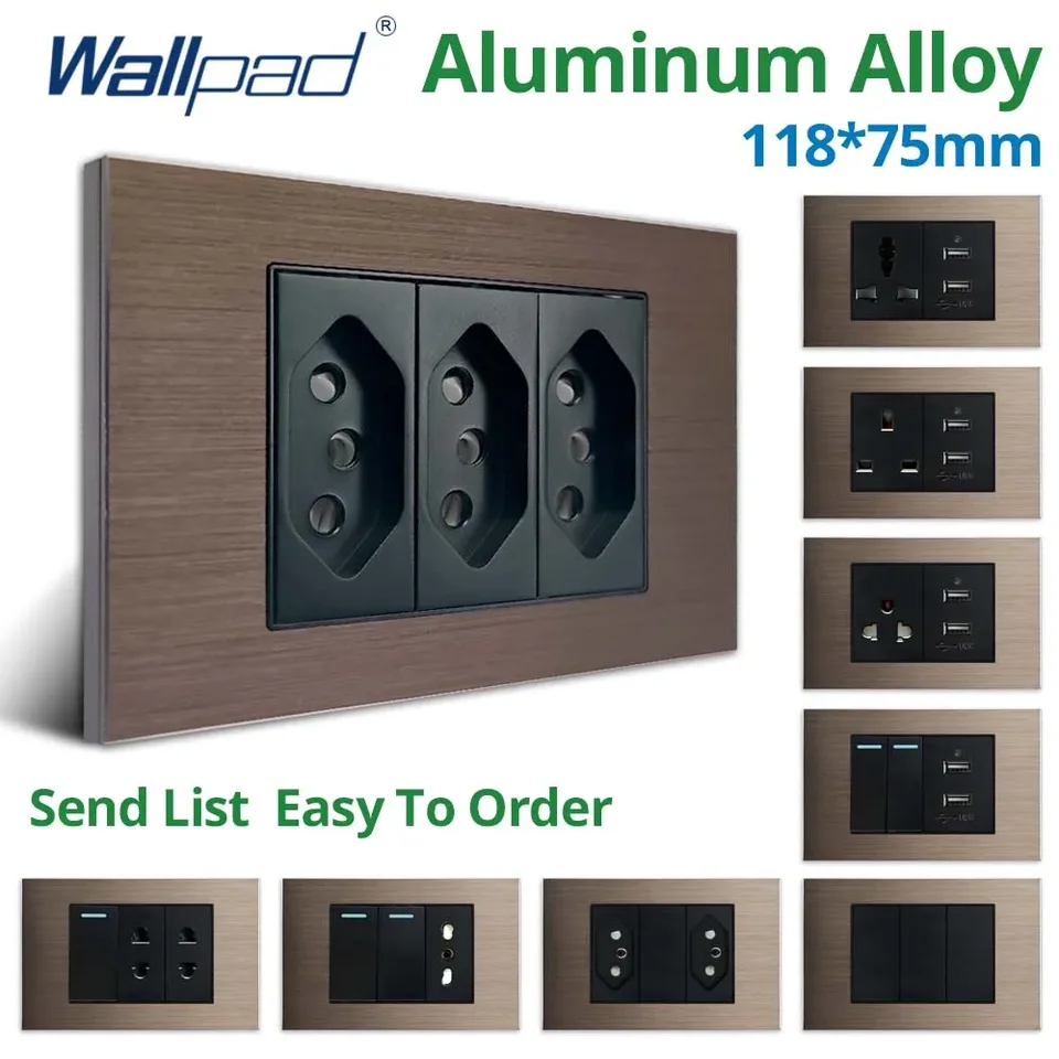 WallPad 1 2 3 4 Spínač gangového svetla USB nabíjací port 5V 2100ma Brazília soket 118*75 mm hnedý hliníkový panel 16A AC110-250V