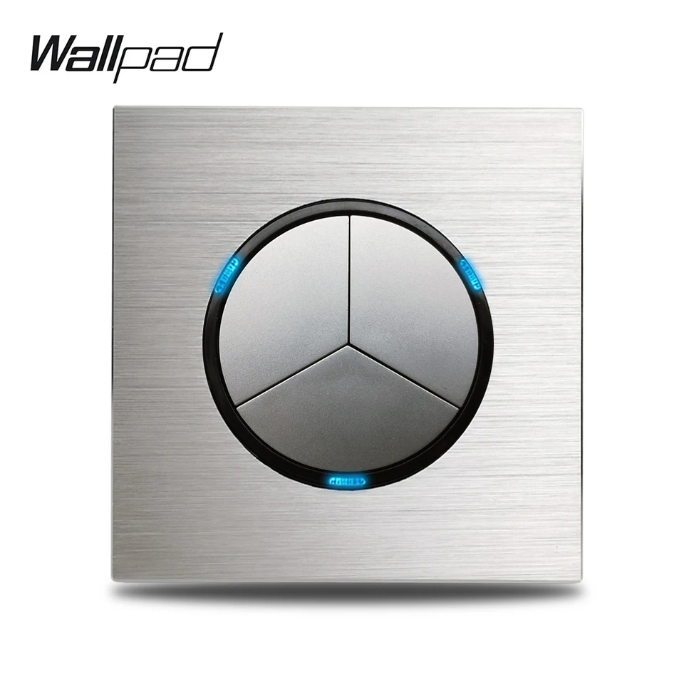 Wallpad L6 Gray 3 Gang Triple Light Switch 1 Way 2 Way Strieborná hliníková zliatina Zatlačte tlačidlo Návrat s modrou LED indikátorom