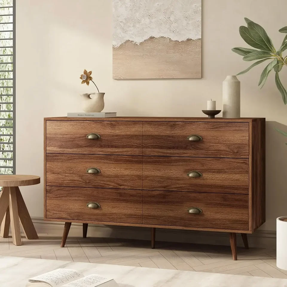Walnut Brown Dresser pre spálňu, 6 zásuvok so širokými zásuvkami a kovový