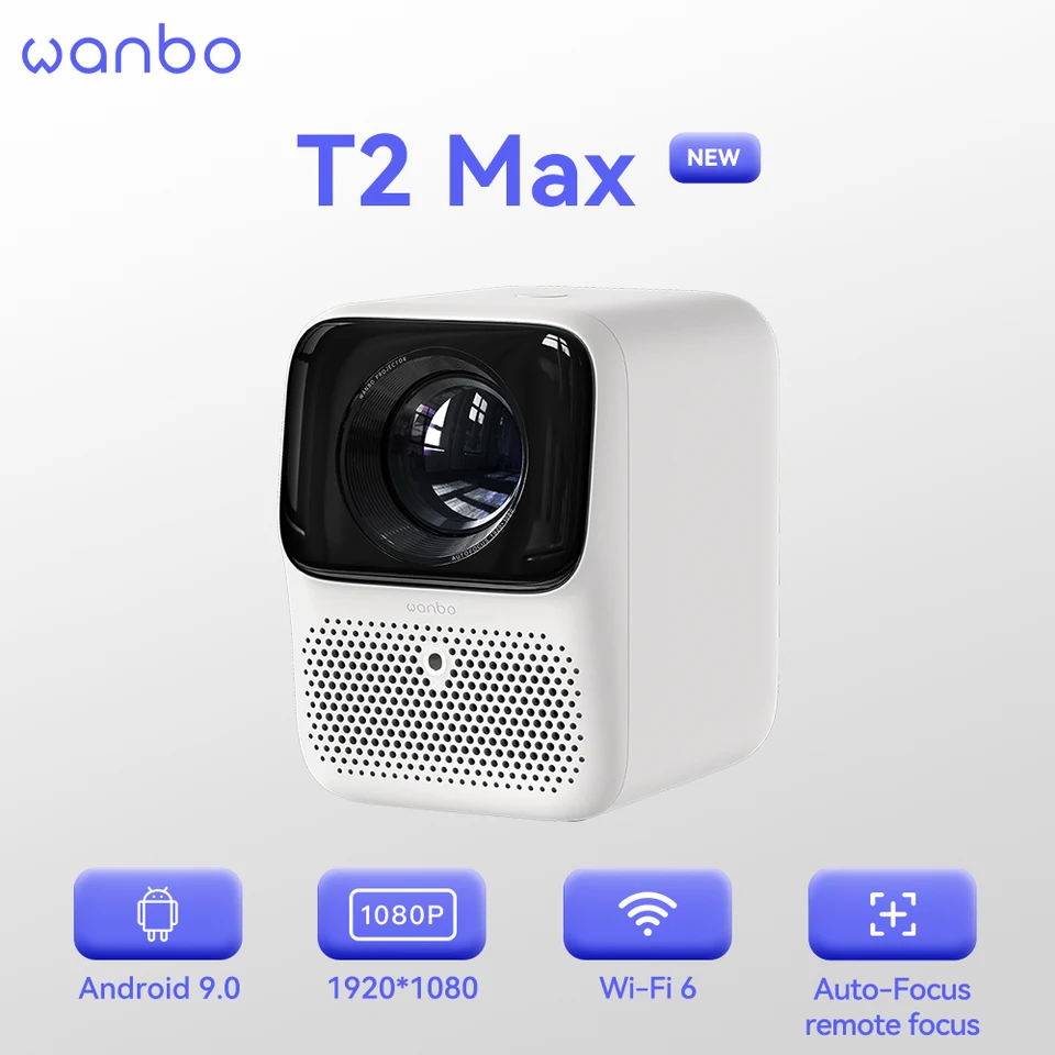 Wanbo nový T2 Max Mini Android 9.0 projektor 1080p Full HD WiFi Prenosný projektor Hifi Sound Home Outdoor Auto Focus 450ansi
