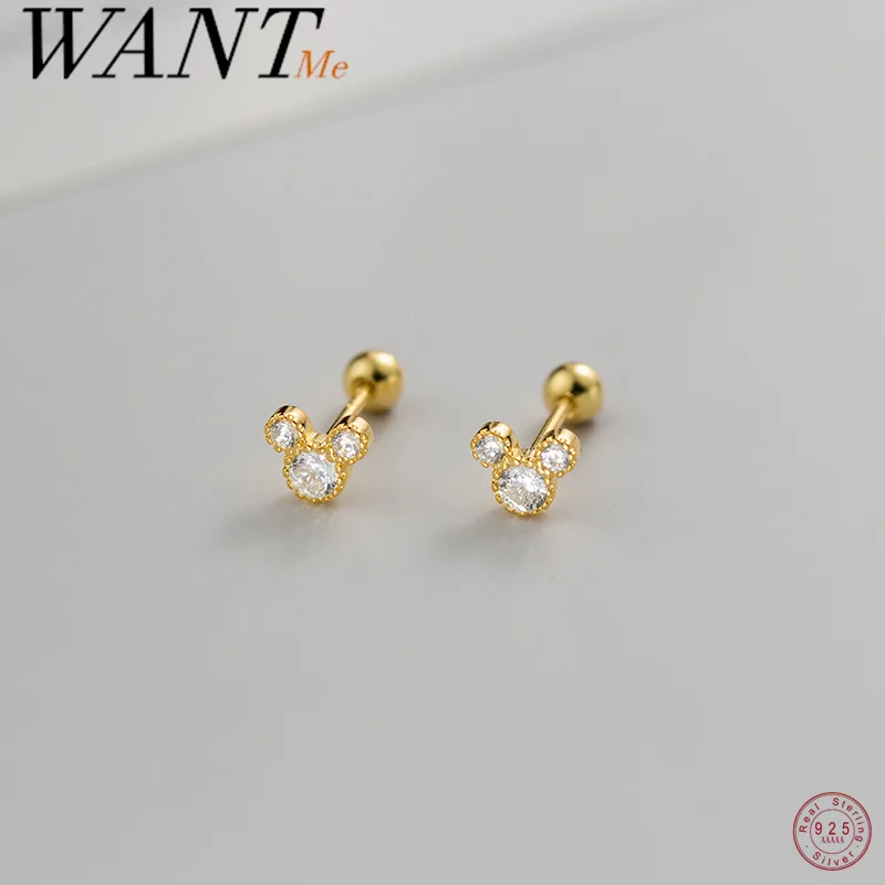 Wantme 925 Sterling Silver Fashion Cutoon Mouse Screw Screck Stud Cuunrs for Women Simple ECLIGH PARTY PARTY DIVERY