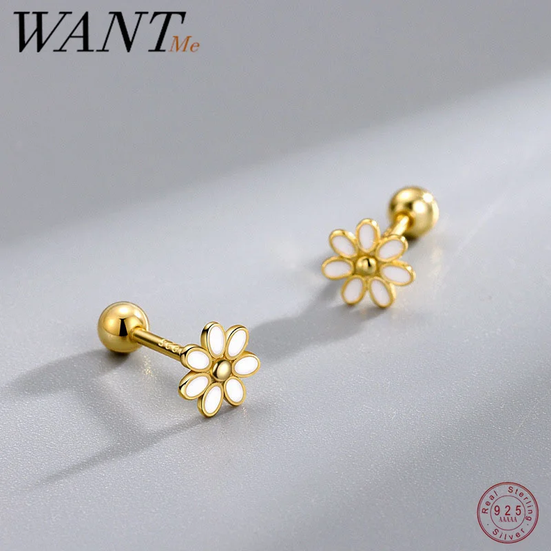 Wantme 925 Sterling Silver Fashion Sladké biele smaltované kvetinové korálky Stud pre ženy roztomilé kórejské dievča piercing šperky