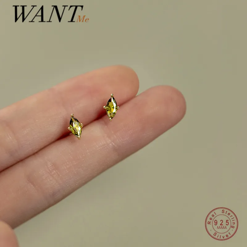 Wantme 925 Sterling Silver Olive Green Horse Eye Zirkón Malé náušnice pre ženy jednoduché študentské dievča