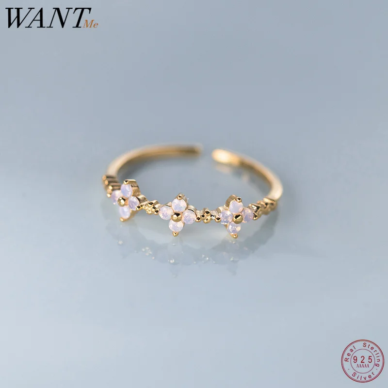 Wantme 925 Sterling Silver Romantický ružový krištáľový zirkón Štyri okvetné lístky kvetinový prsteň pre ženy sladké módne svadobné oslavy šperky