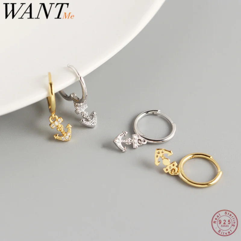 Wantme Original 925 Sterling strieborný punk kotvový kotvový náušnice pre ženy minimalistické bohémske obruč jemné šperky darček