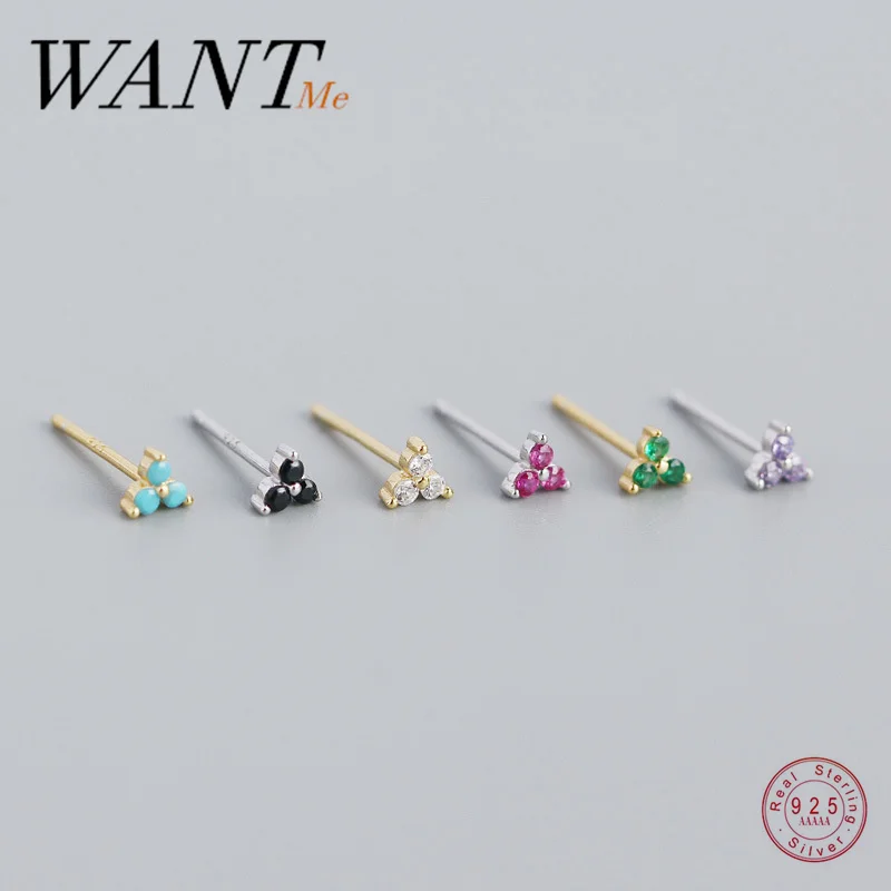 Wantme Real 925 Sterling Silver Kórejský romantický trojlístový kvetinový farebný zirkonový stud náušnice pre ženy kúzla Party šperky darček
