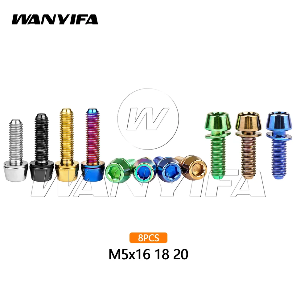Wanyifa 8pcs Titániové skrutky M5x16 M5x18 M5X20MM Kužeľový hlava s skrutkami na bicykel s tesnením na bicykli