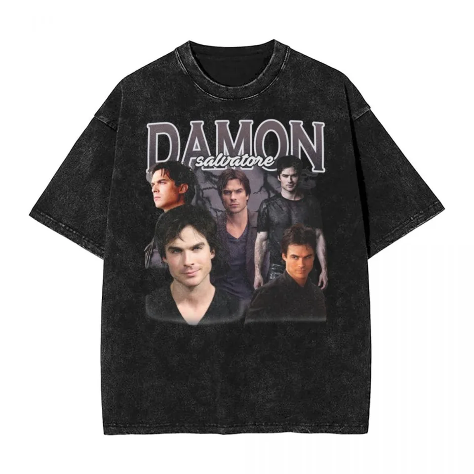 Washed T košele Damon Salvatore Hip Hop Vintage Tričko prevyšujú upírske denníky Ian Somerhalder Streetwear Men Dámske odpaliská