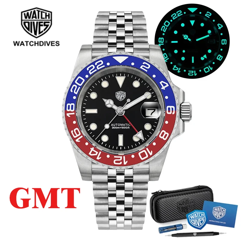 WatchDives New GMT Watch WD16760 Automatický 316L oceľový zafír Crystal Ar Coating BGW9 Luminát 30ATM Luxury Business Men Watch