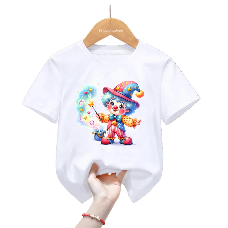 Watercolor Magic Clown potlačte tričko Dievčatá/chlapci Summer móda krátke rukávy tričko Kawaii Kids oblečenie vtipné tričko