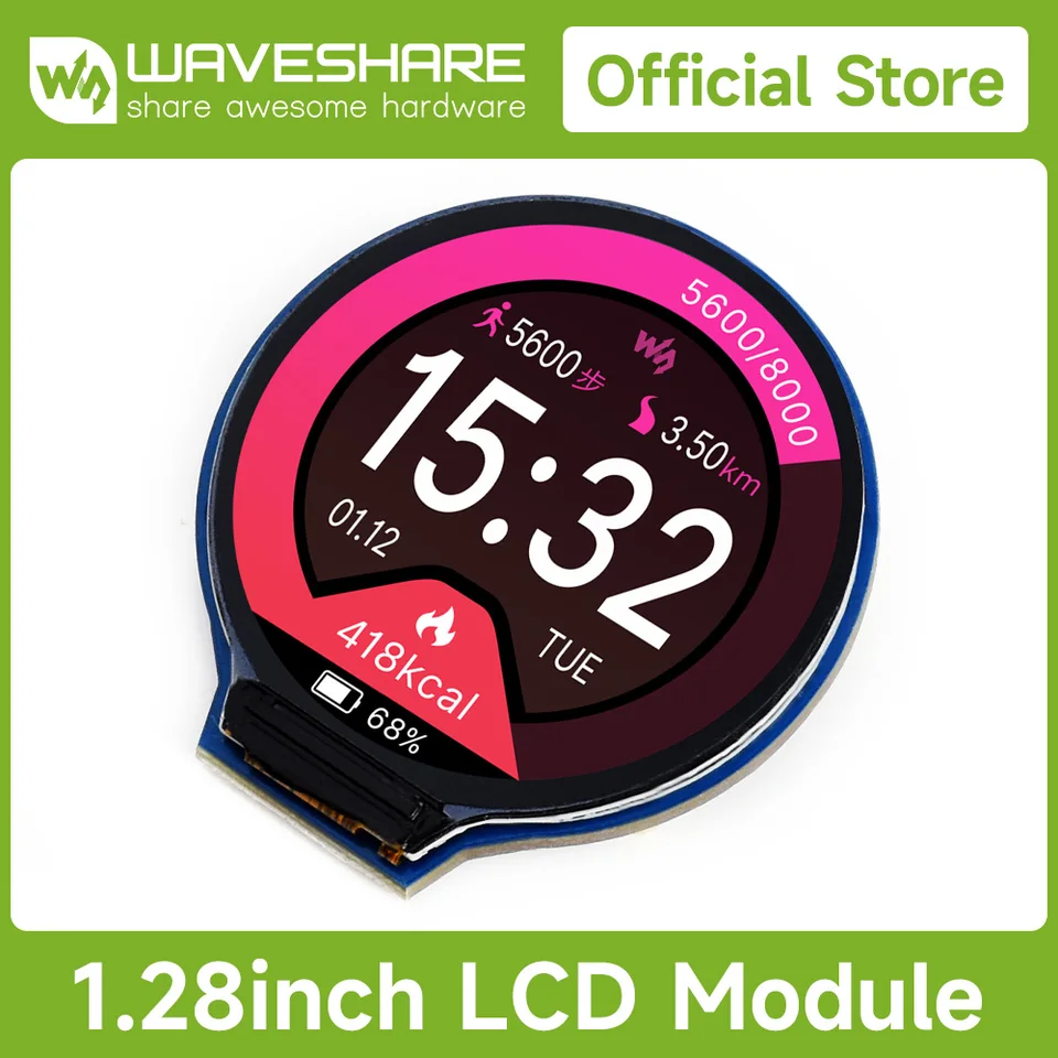 WaveShare 1.28inch Round LCD Display Modul, 65K RGB farby, 240x240, rozhranie SPI, podporu Raspberry Pi/Jetson Nano/Arduino