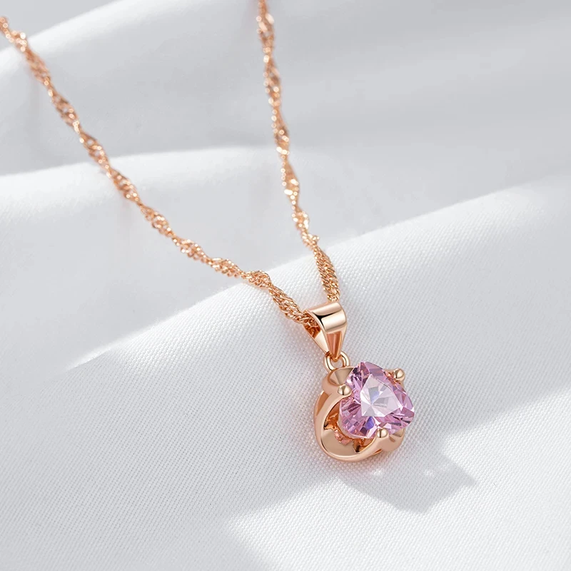 WBMQDA Geometric Pink Stone Prívesok a náhrdelník pre ženy 585 Rose Gold Wedded Svadba lesklé šperky doplnky