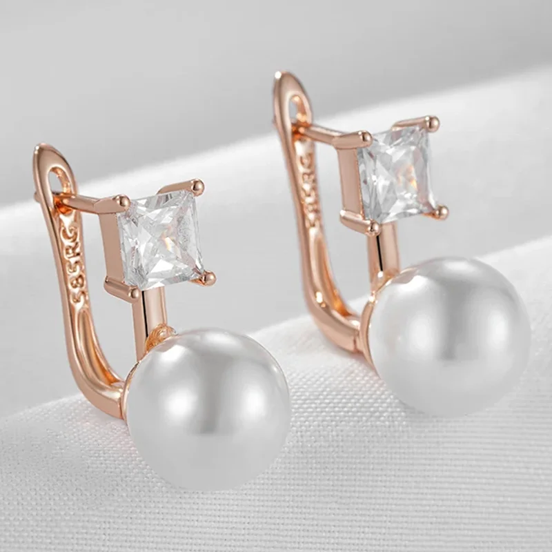 WBMQDA Simple Pearl Drop náušnice pre ženy 585 Rose Gold Farba s prírodnými zirkónovými vysoko kvalitnými dennými šperkami