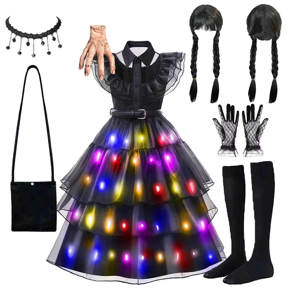 Wedns Day Costume Girl Merlina šaty pre dievčatá LED LIGHT UP KARNIVAL PARTY Oblečenie pre deti HALLOWEEN Kostýmy Wedns Day Šaty