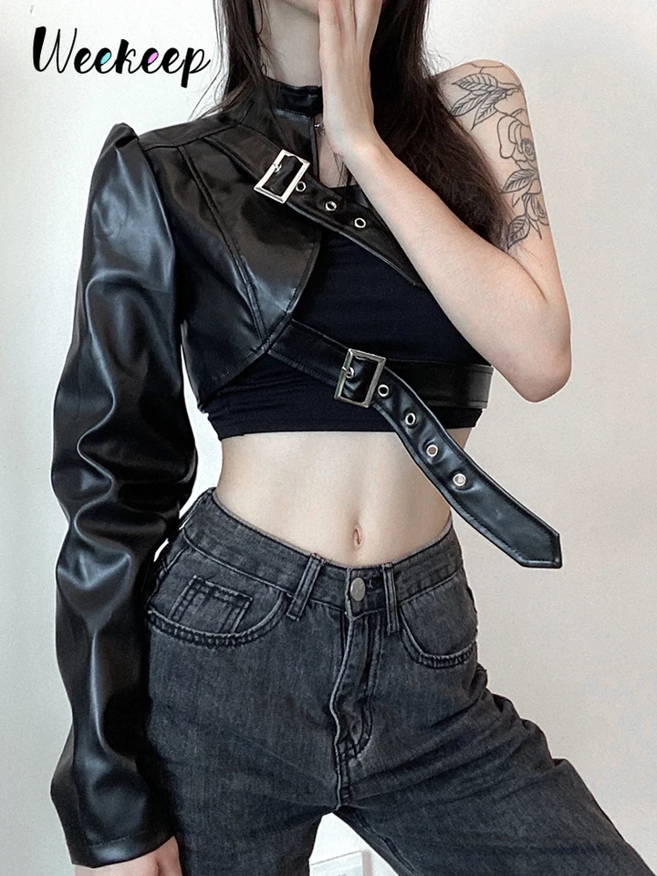 Weekeep Gothic Black PU kožená bunda Ženy Jedno ramenné haleblá spona hip hop outfits módne módne odevy orezané bundy solídne
