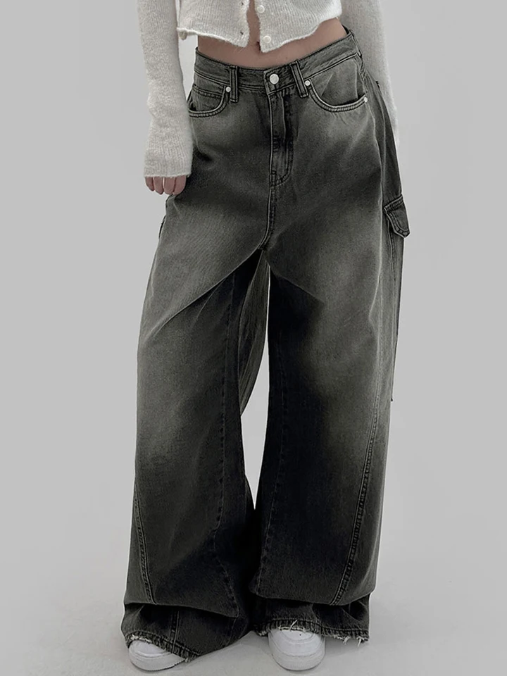 Weekeep Streetwear Casual Tet Dye Džínsy Kórejské módne vrece s nízkym vzostupom veľké vrecká Ženy nohavice y2k vintage voľné džínsové nohavice