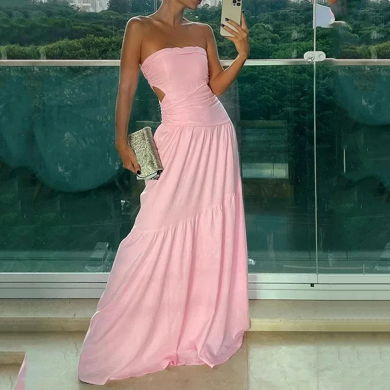 Wefads Ženy maxi šaty leto sexy temperament Solid v krk výrez skladaných z ramena Slim Backless Beach Party Dress Dress