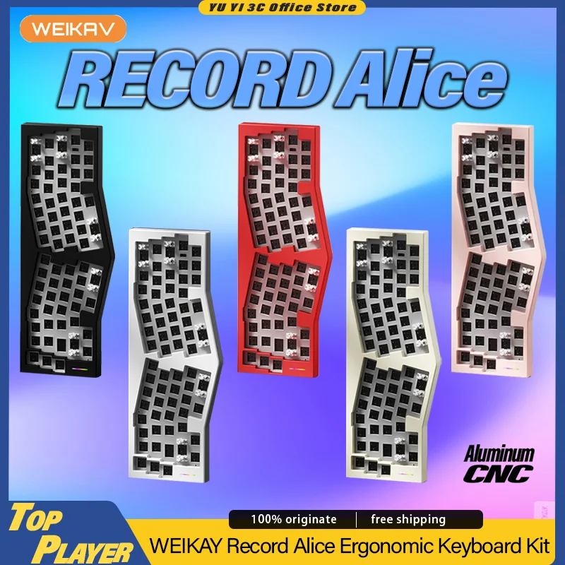 Weikav Record Alice Mechanical Keyboard Kit Prispôsobené horúce vymeniteľné 2.4g BT 3 režimy bezdrôtového CNC hliníka Alice ergonómia RGB