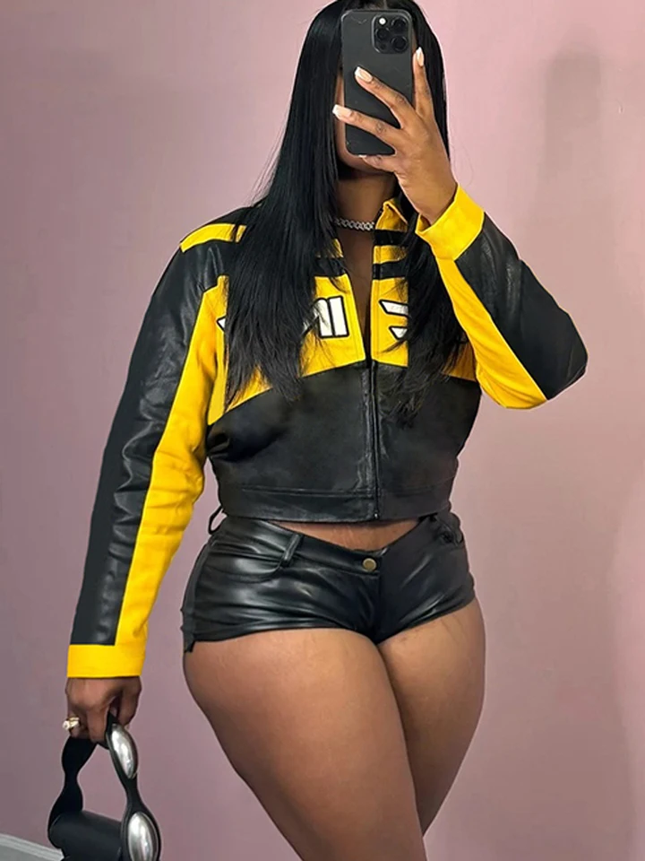 Weird Puss Faux Leather Crop Jacket Dámsky list vyšíva patchwork klopa zip