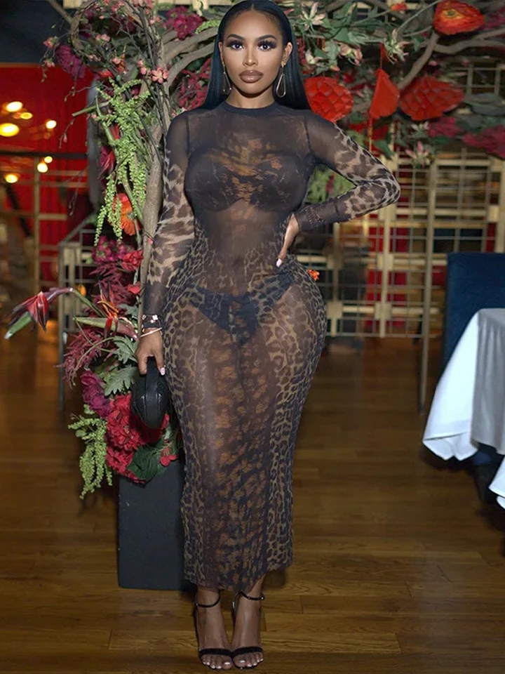 Weird Puss Leopard Print Dress Ženy Vidíte cez kokette plné rukávy o-krk trend trend Midnight Party Stretch Stretch Vestidos