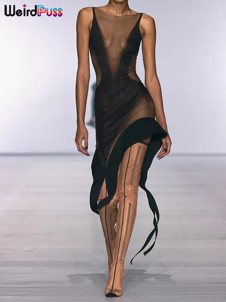 Weird Puss Sexy Mesh Dámske šaty Pozrite sa cez bez rukávov nepravidelné voláre y2k koncertné koncerty narodeniny narodeniny Clubwear Bodycon