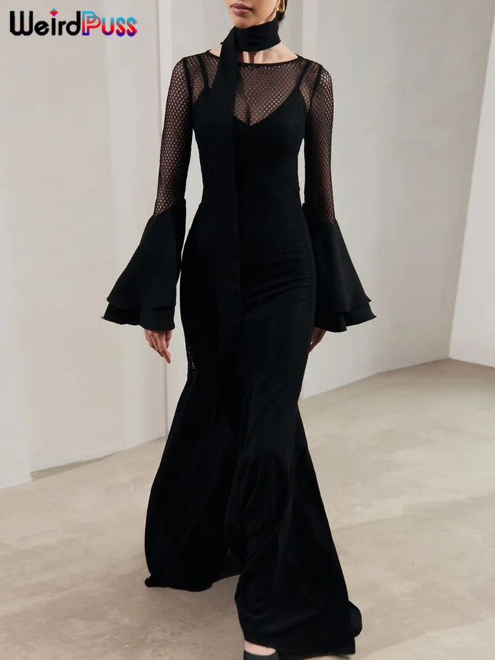 Weird Puss Sexy See cez šaty Ženy O-krk štiepenie erupcie Rukáv voľný úsek natiahnuté hem banketu trend Trend dlhé bodycon