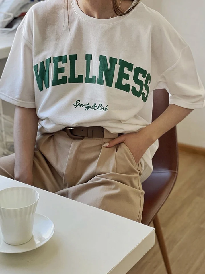Wellness Sporty & Rich Creativity List ženským bavlneným tričkom nadmerne veľké tričká Retro Street Osobnosť dámsky krátky rukáv