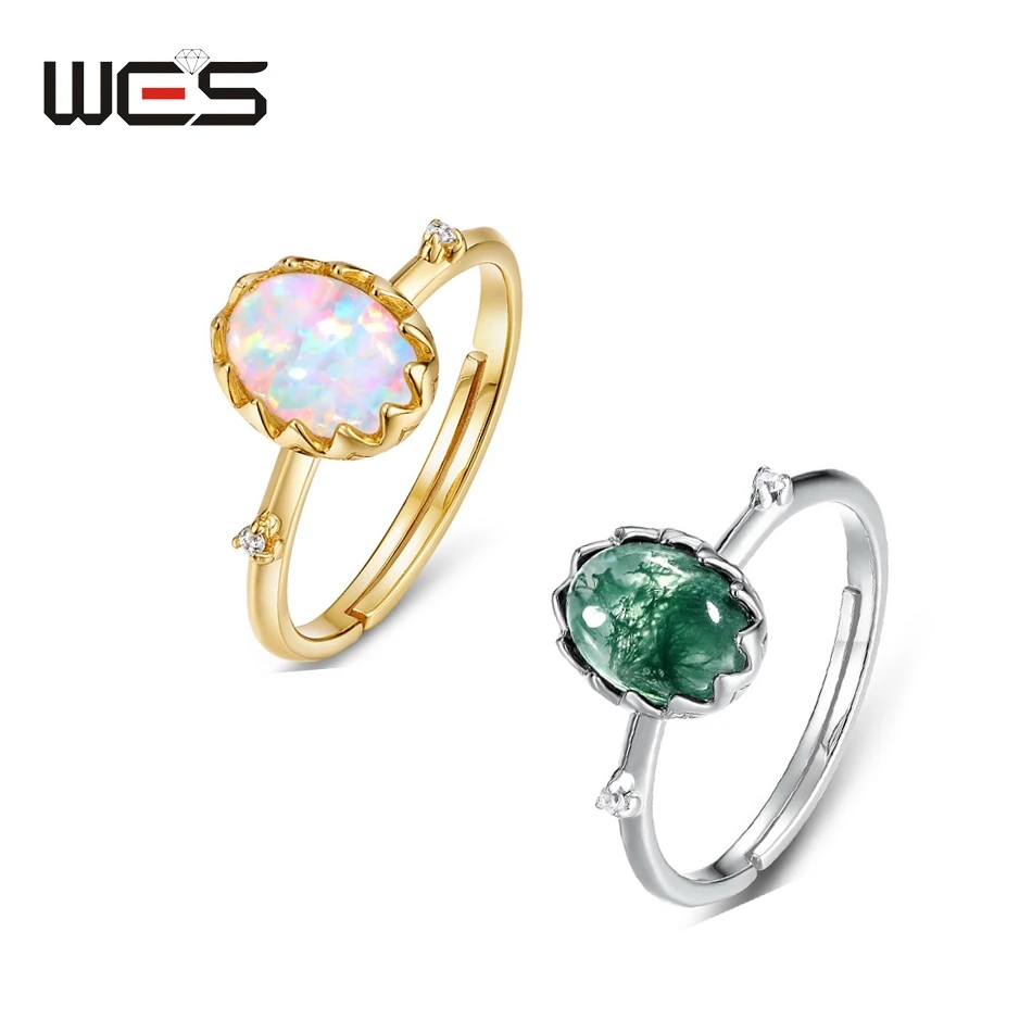 WES 925 Sterling Silver Oval Gemstone Open Rings for Woman 6*8mm mach agate laboratór