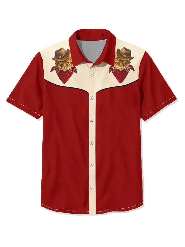 West Cowboy Tirls for Men Vintage s krátkym rukávom Tops Tops Etnická blúzka zvieracie mačky 3D tlač príležitostné košeľu pánske oblečenie 3xl