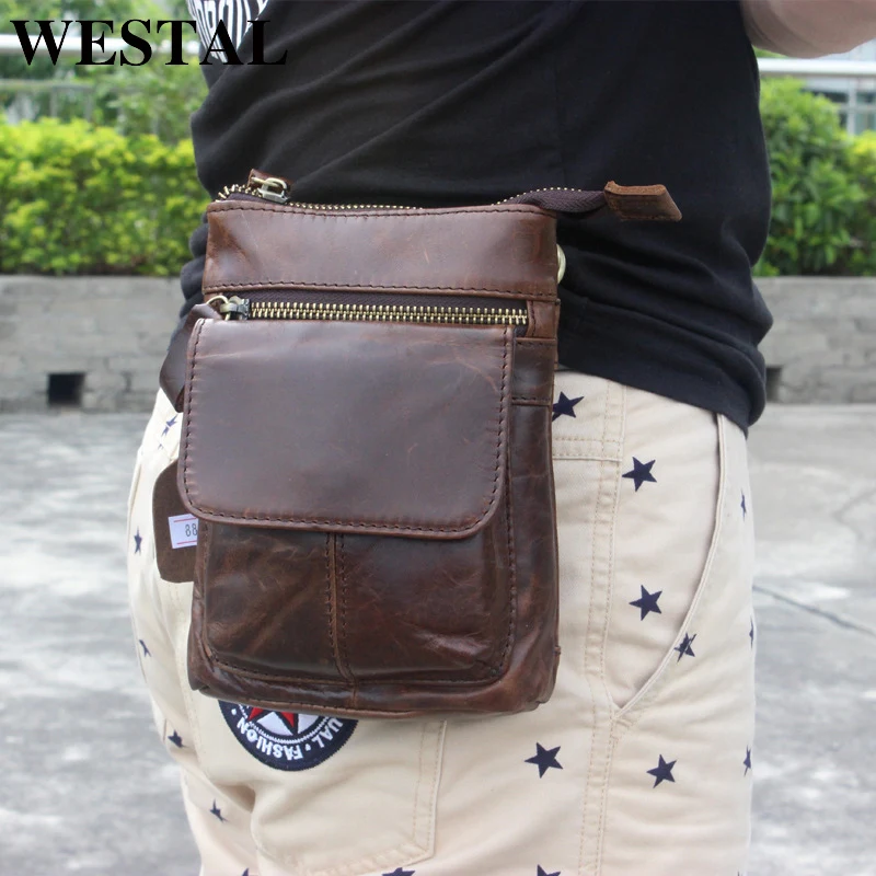 Westal Male Fanny Pack Zip Bum Bags Pánsky pásový taška Originálny kožený opasok pre telefón Malý pásový vrecko Man Hip BAist Pack 886