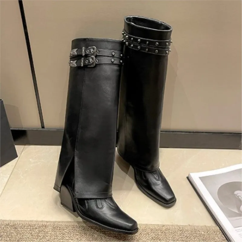 Western Cowboy Boots Dámske nohavičky Fall a zimná nová hrubá päta dvojitá pracka hlava Slim Tall Knight topánky C1053