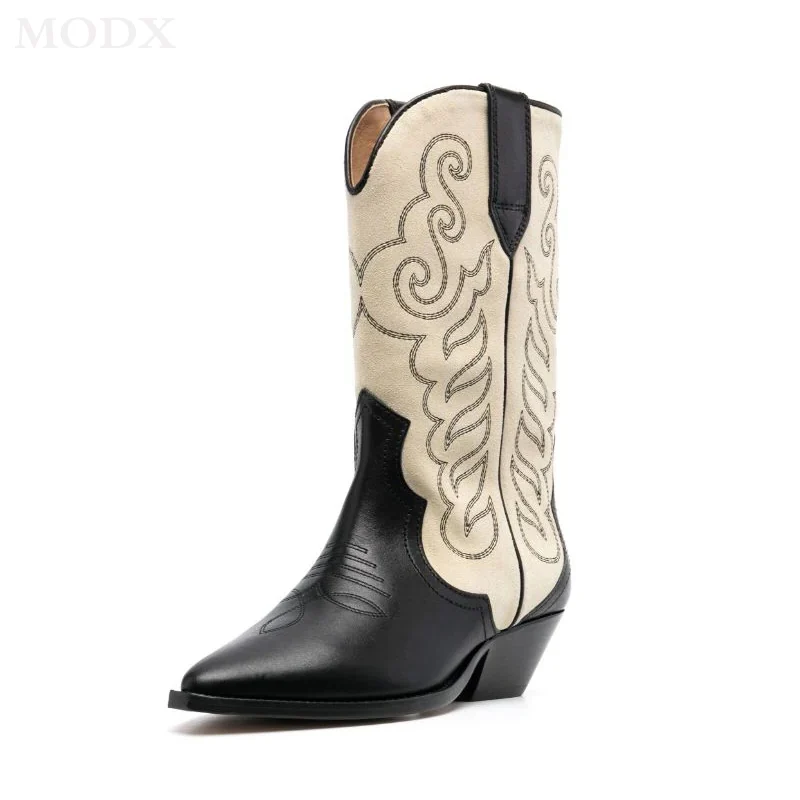 Western Cowboy Boots Ženy robustné päty výšivky štíhle všetky zimné topánky Zimné módy špicaté topánky Zmiešané farebné rytieri