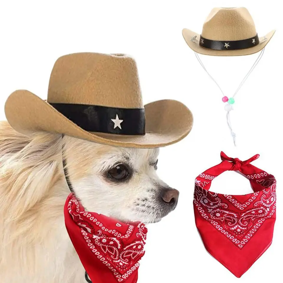 Western Cowboy Dog Costume Hat Hat Set Malé stredné veľké psy kashet kešu kvetinovú hlavu krk šál Pet kovboj klobúk Bandana set