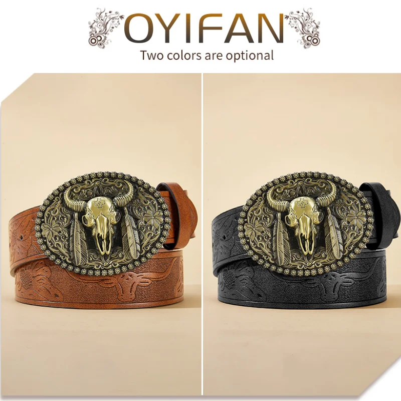 Western Cowboy Pu Leather Belt - mužov pásový remienok Bull Decorácie kvetinové vyryté pre džínsy