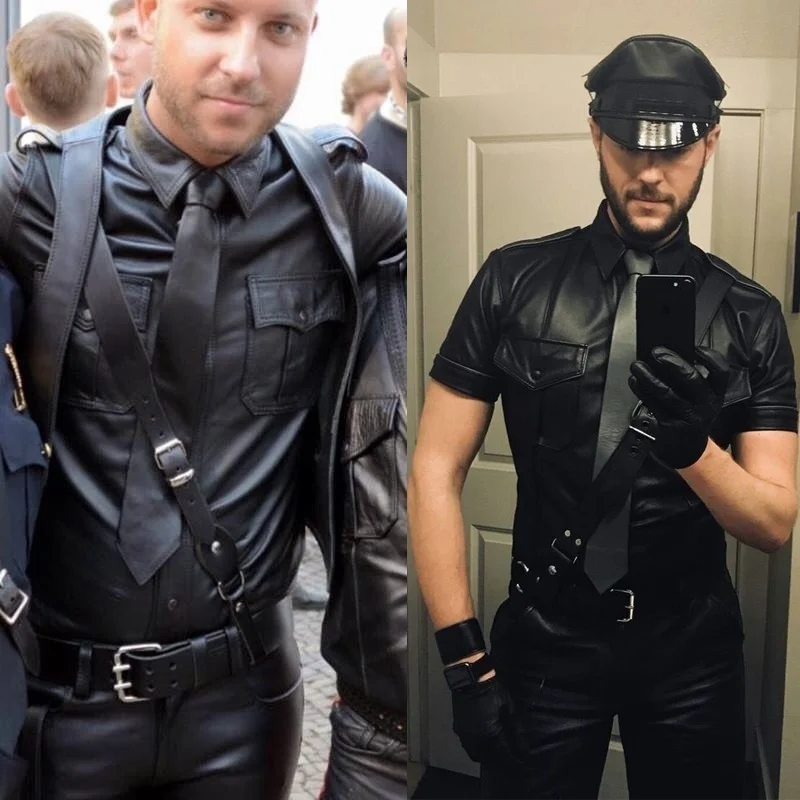WetLook Black Kožené košele pre mužov Kostýmy policajtov PU koža koža mužský policajt uniforma sexy topy