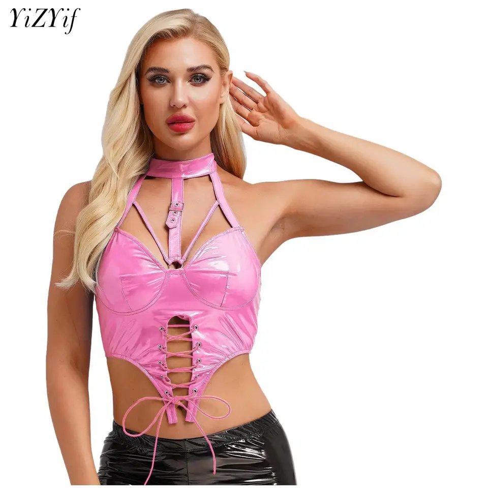 Wetlook Latex Halter PU kožené vesty Topy lesklé patentované kožené tank Dutlow Out Lace-Up Zipper Slim Fit Later pre party klub