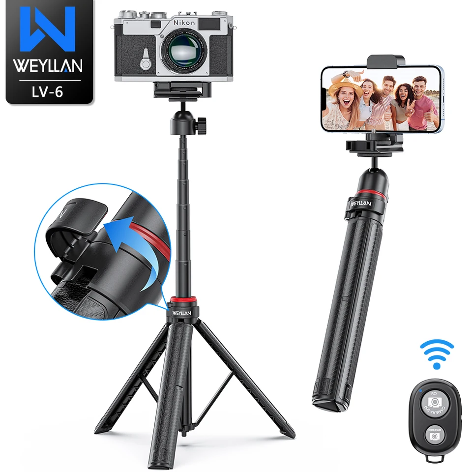 Weyllan Selfie Stick Triod Triod Wireless Bluetooth Remote 2-in-1 Statív hlava pre telefón / fotoaparát studená topánka 1/4 skrutka LV-6 Zaťaženie 2 kg