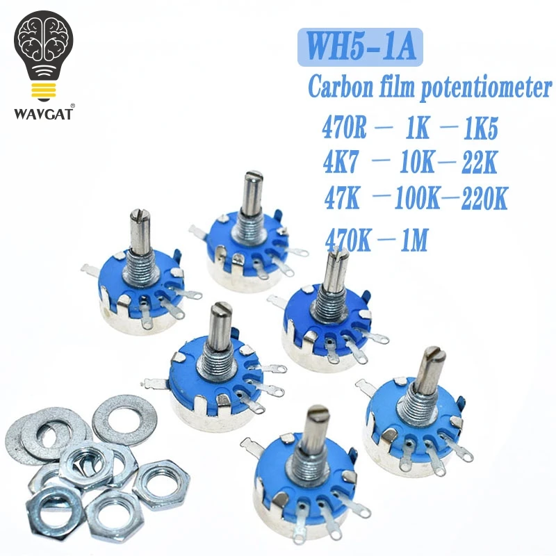 WH5-1A uhlíkový potenciometer 1k 2K 10k 47k 4k7 470R 100K 470K 220K 1K5 22K 1M Ohm 3-terminály okrúhly hriadeľ Rotary Tary Tuper WH5