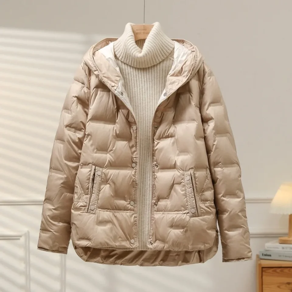 White Duck Down Coat 2024 Nová jesenná zimná zimná dámska neformálna kapucňa s jednou breasted bundou módne svetlo Puffer Parka Outwear