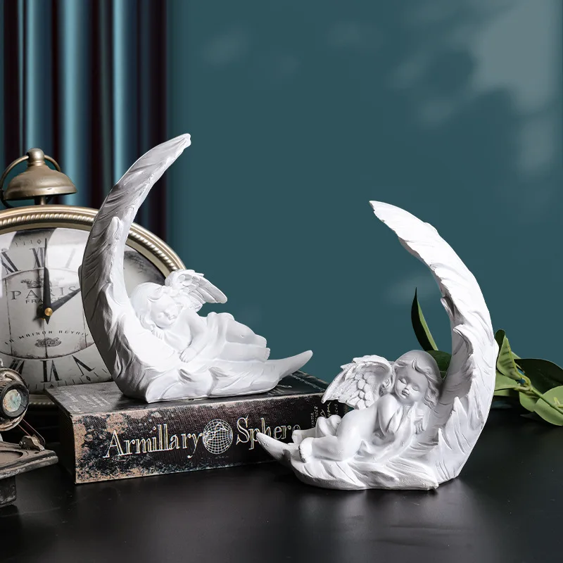 White Feather Lovely Angel Decoration Desktop Desktop Ozdoby kus živicovej sadry socha Little Angel Girl Girl Table Decoration