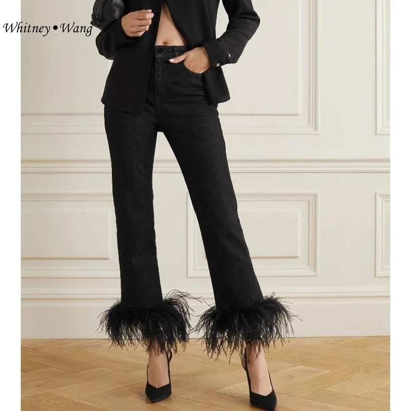 Whitney Wang 2022 Spring Fashion Streetwear Puffy Feathers Cuff Džínsy Štýlové džínsové nohavice